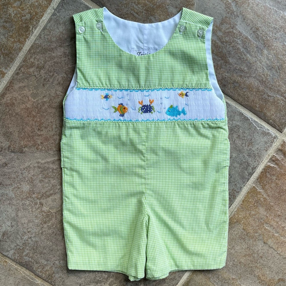 Tricia Smocked Fish Green White Gingham Outfit Size 18 months Beach Tropical